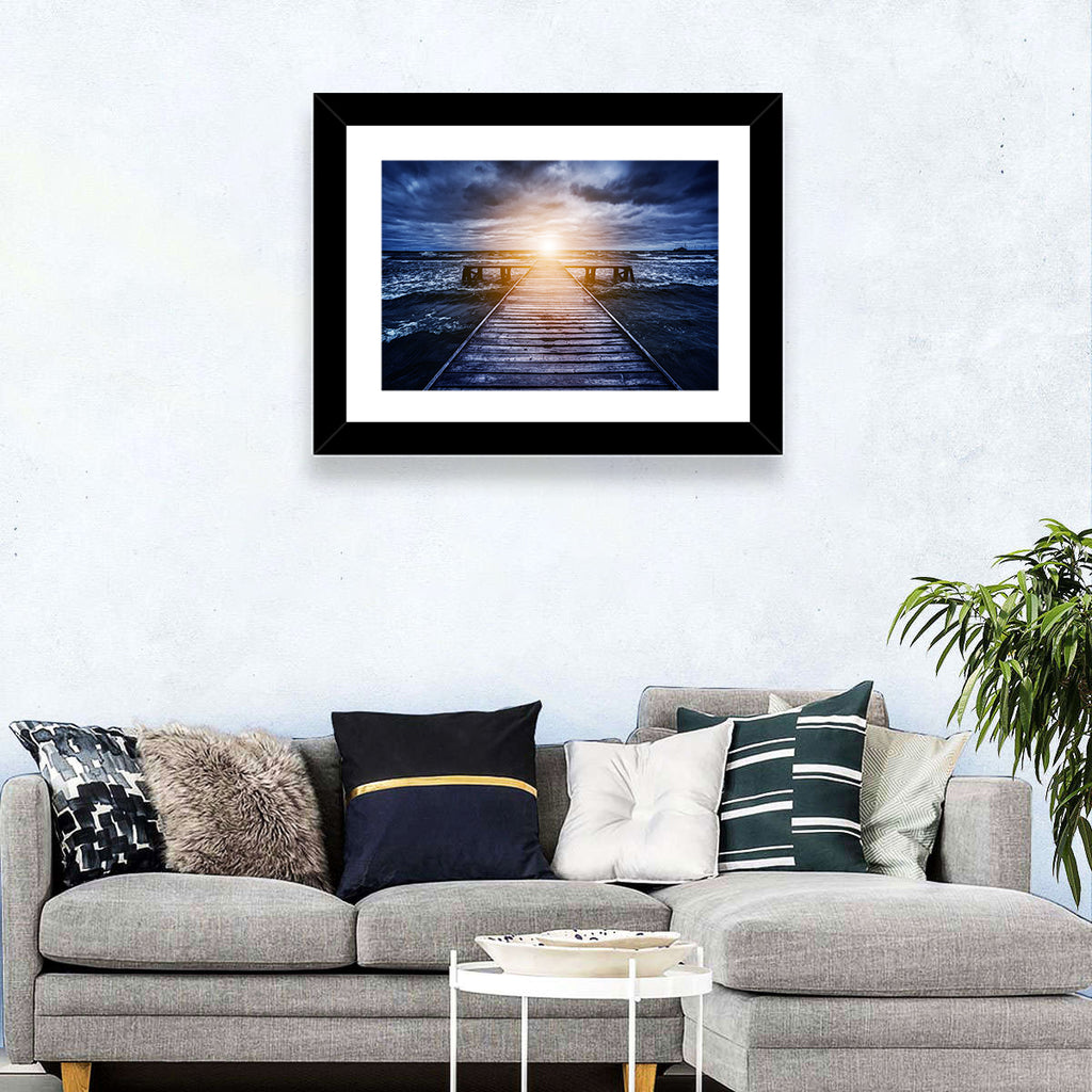 Sunlit Wooden Jetty at Dusk Wall Art