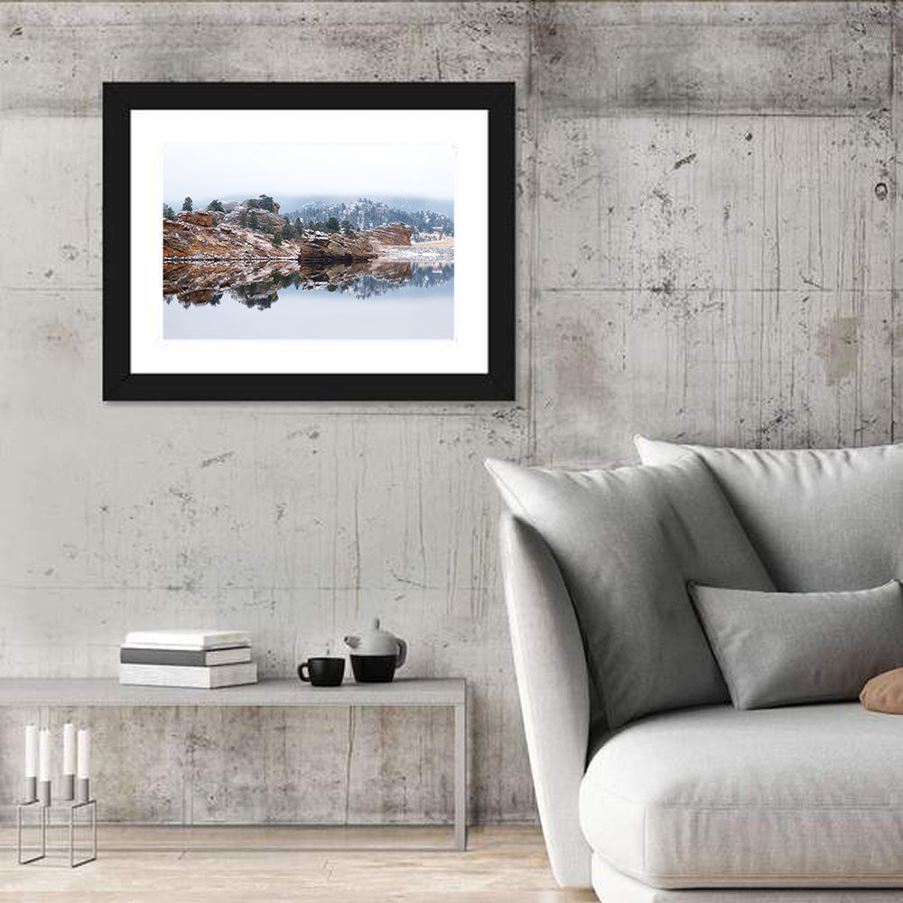 Marys Lake Foggy Reflection Wall Art in a room, landscape