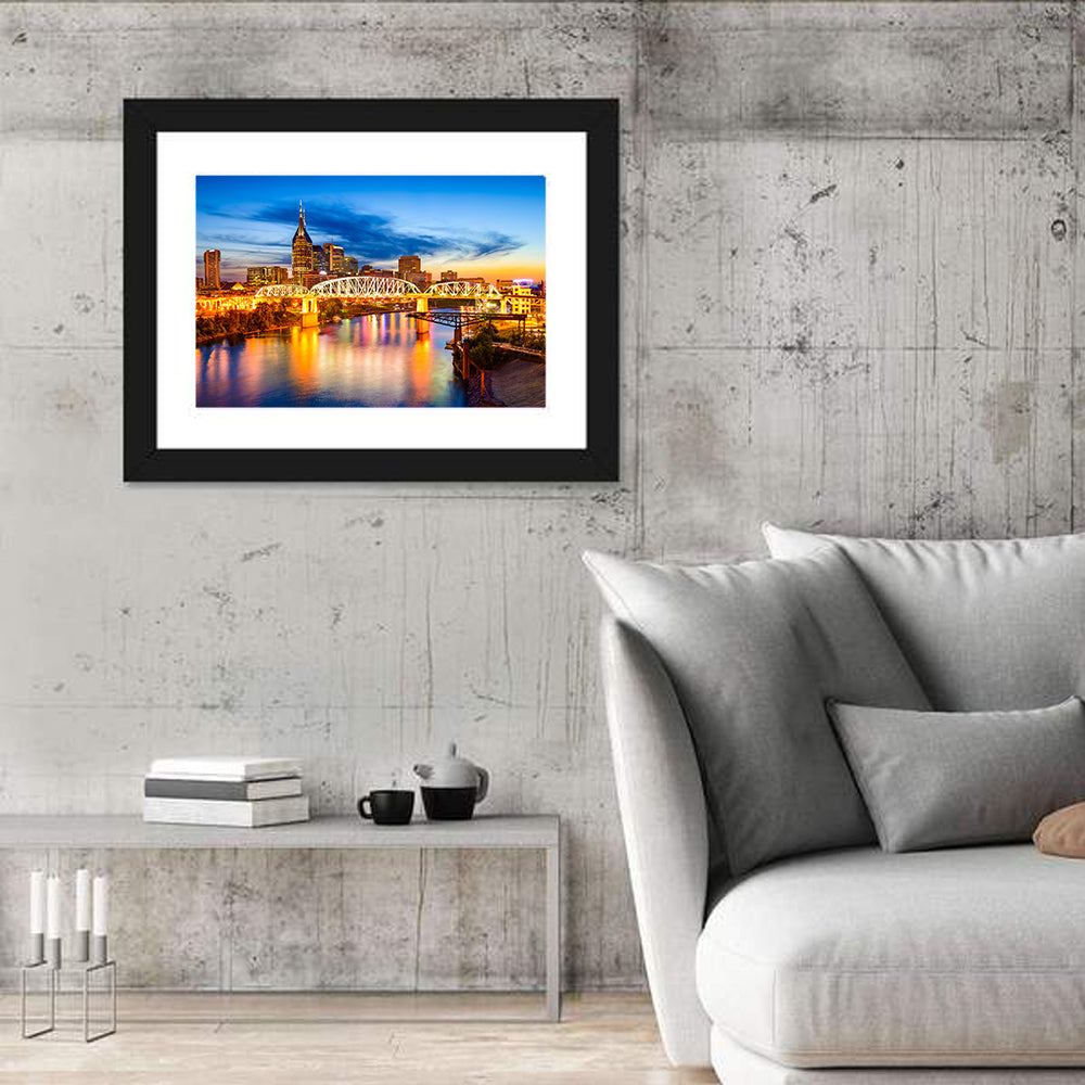 Nashville Skyline at Twilight Bridge Reflections Wall Art