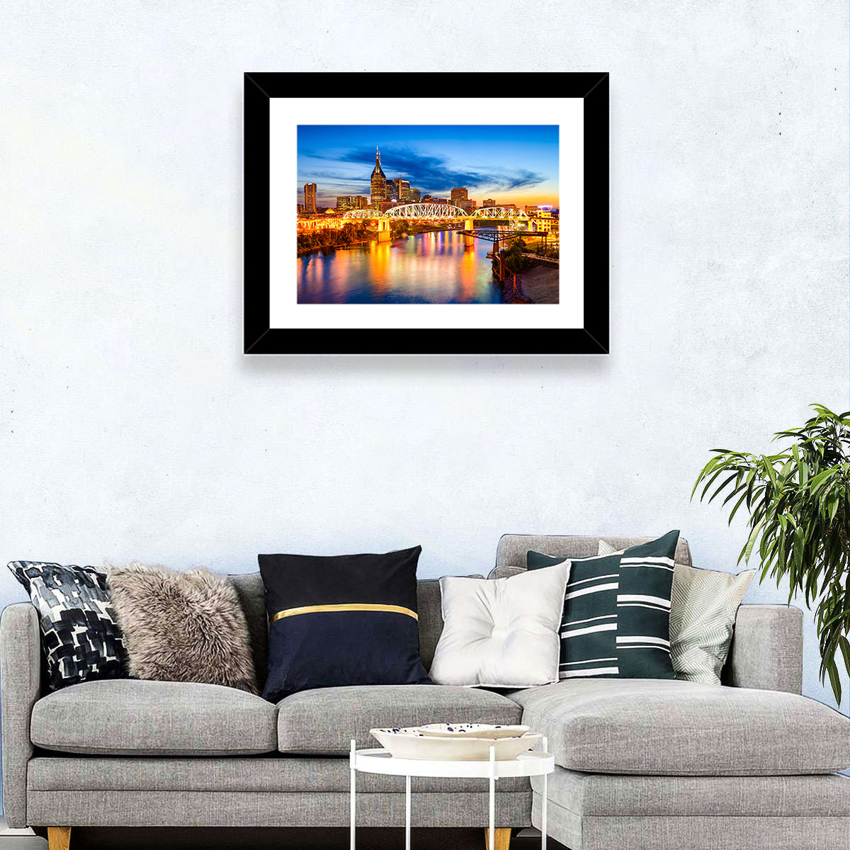 Nashville Skyline at Twilight Bridge Reflections Wall Art in a room, landscape