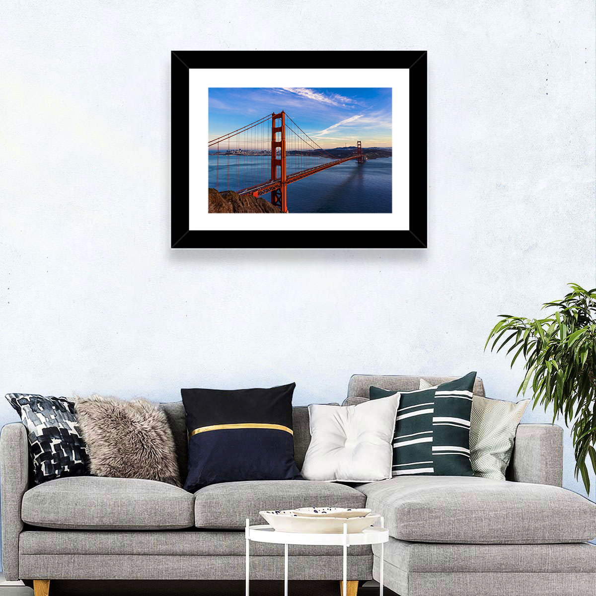 Golden Gate Bridge at Golden Hour Wall Art in a room, landscape