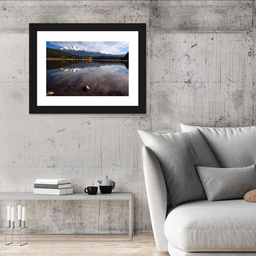 Mount Shasta Reflection at Lake Siskiyou Wall Art in a room, landscape