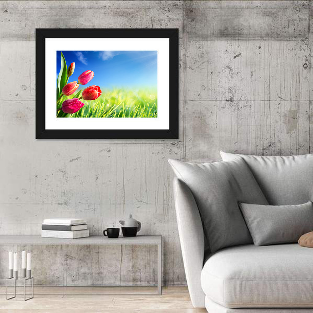Dewy Red Tulips Under Blue Sky Wall Art in a room, landscape