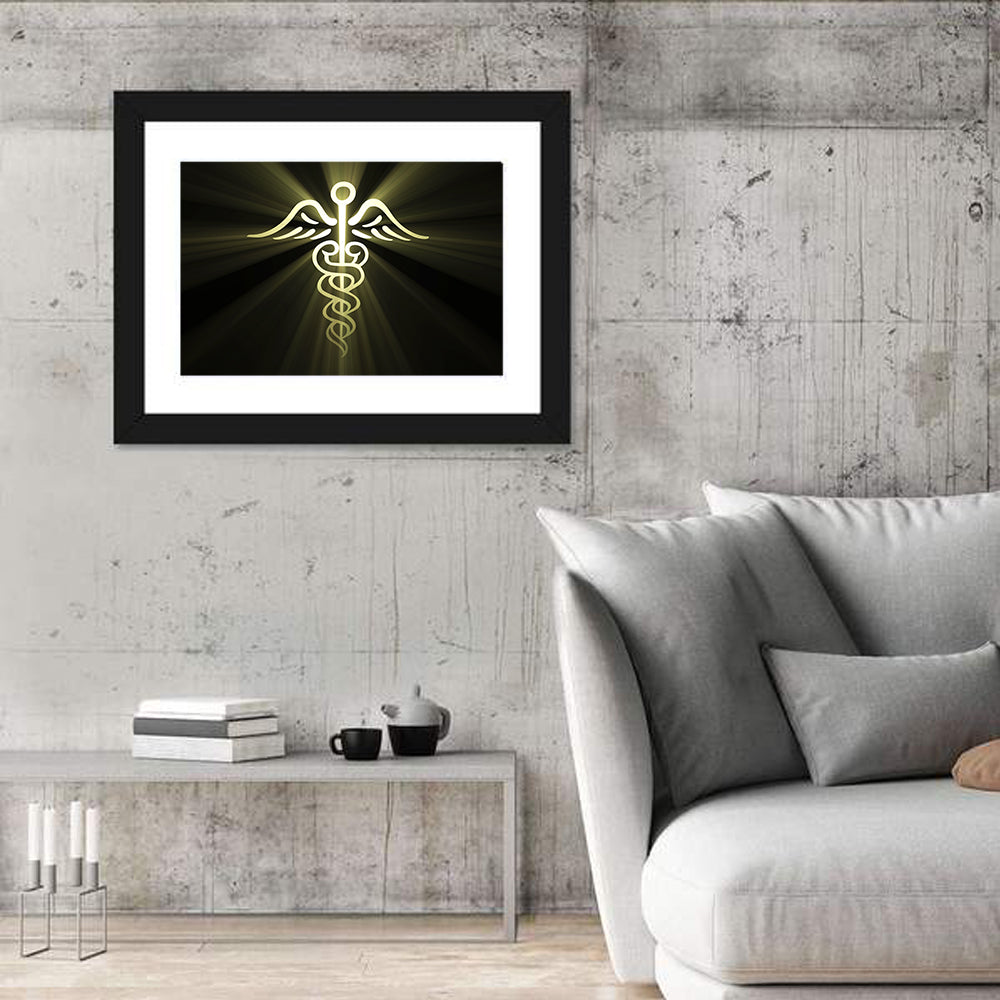 Medical Corps Caduceus Emblem Wall Art in a room, landscape