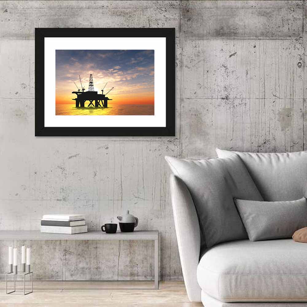 Sunset Oil Rig Silhouette Wall Art in a room, landscape