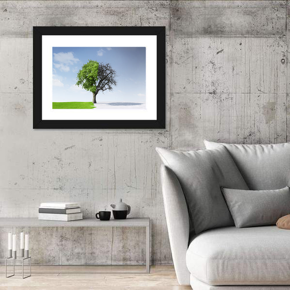 Split Seasons Tree Wall Art in a room, landscape