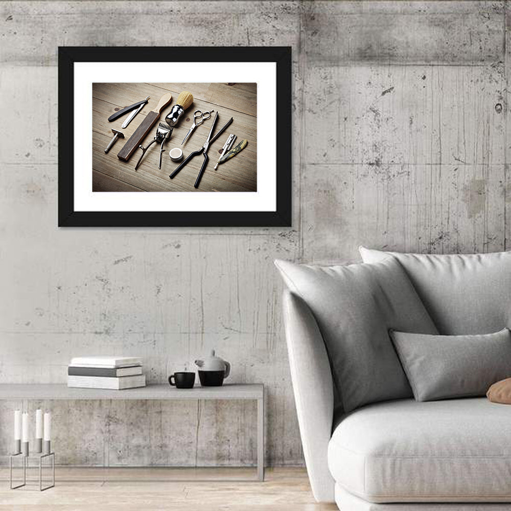 Vintage Barber Tools on Wooden Workbench Wall Art