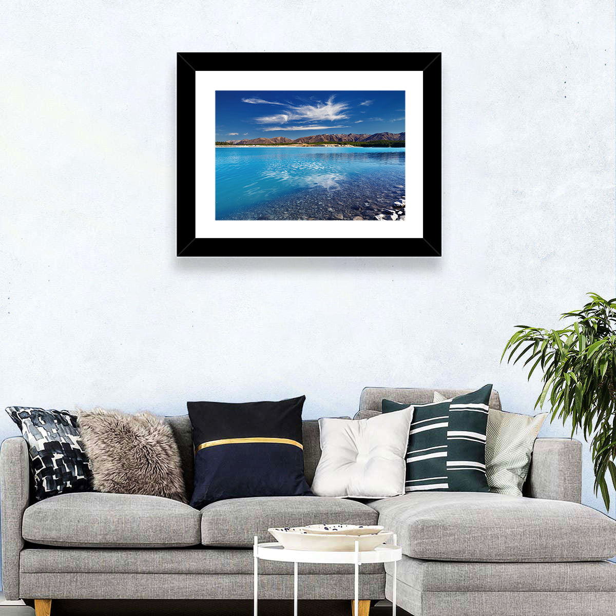 Lake Pukaki Pebble Shore Wall Art in a room, landscape