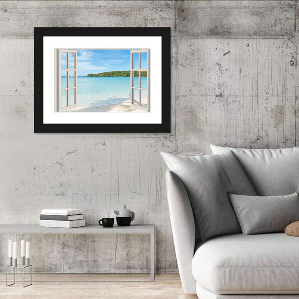 Turquoise Beach View Through Window Wall Art in a room, landscape