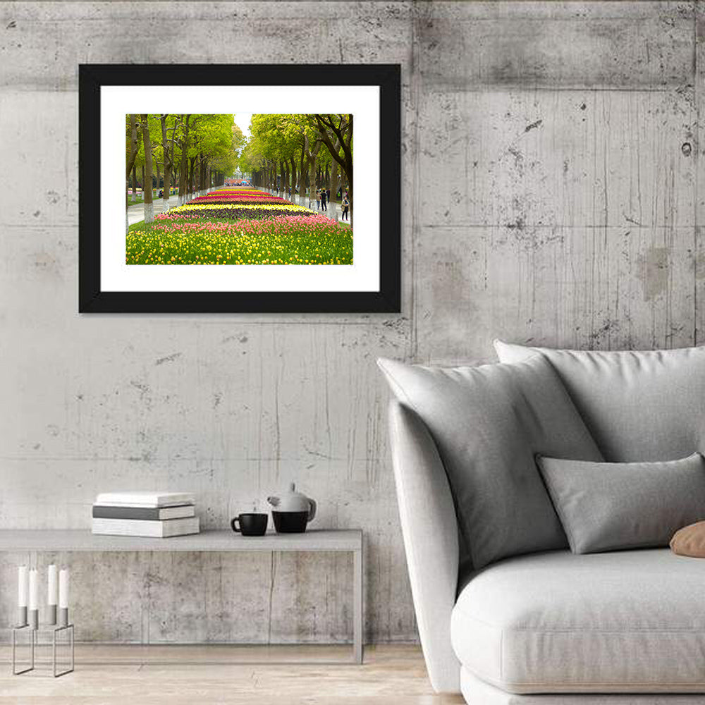 Tree-lined Tulip Garden Path Wall Art in a room, landscape