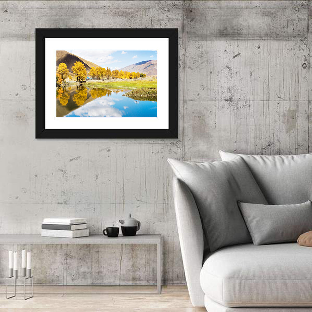 Chanxi Autumn Reflection Road Wall Art in a room, landscape