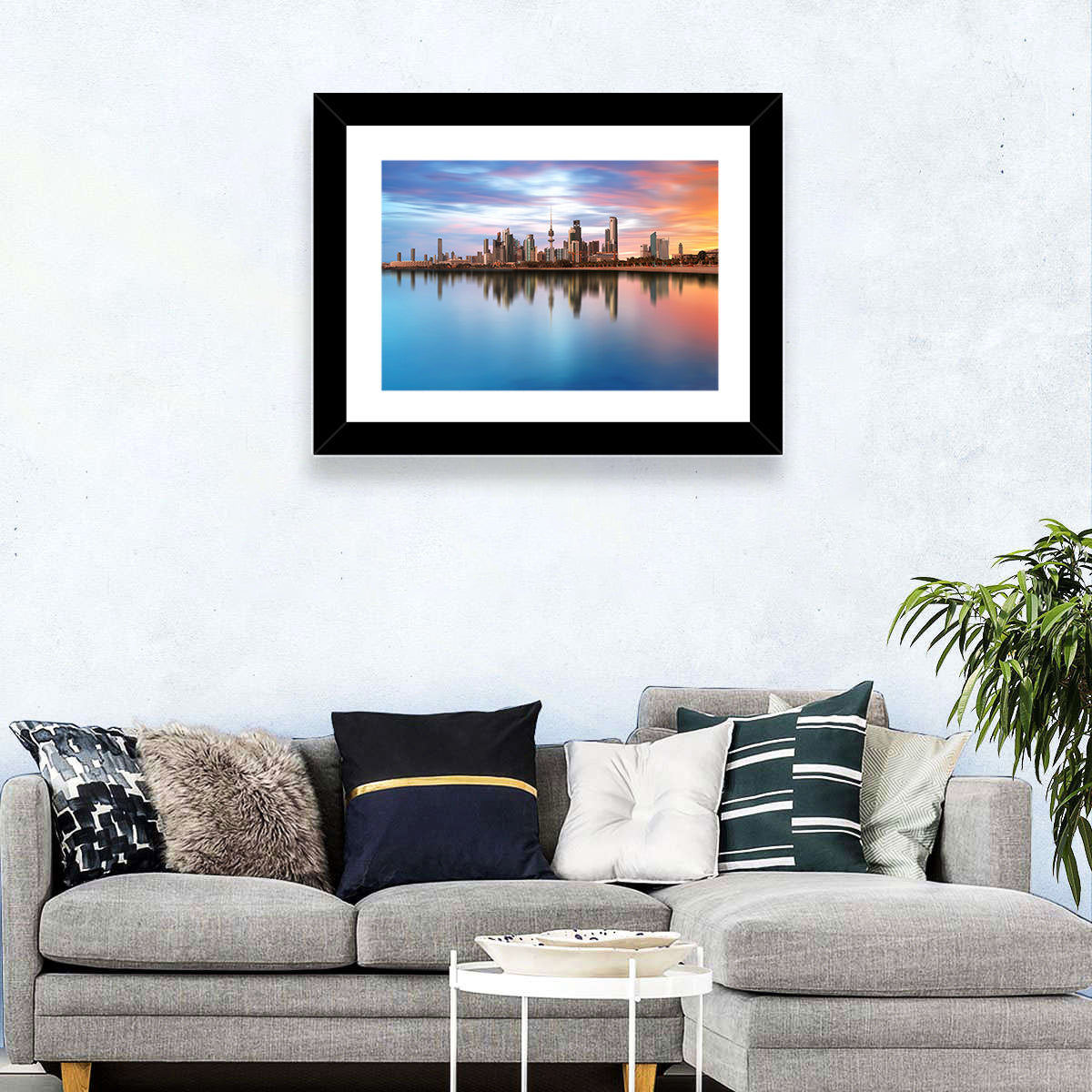Kuwait City Skyline at Sunset Wall Art in a room, landscape