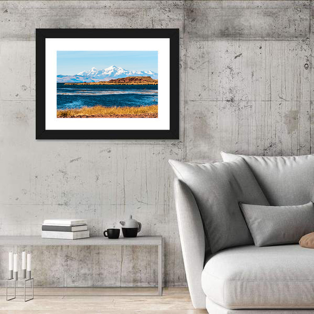 Lake Titicaca Blue and Gold Wall Art in a room, landscape