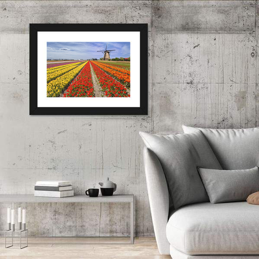 Spring Tulip Fields with Dutch Windmill Wall Art in a room, landscape