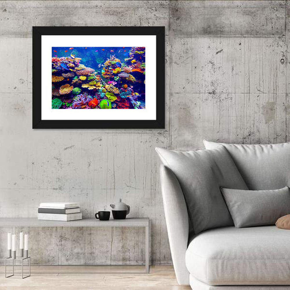 Tropical Coral Reef Aquarium Wall Art in a room, landscape