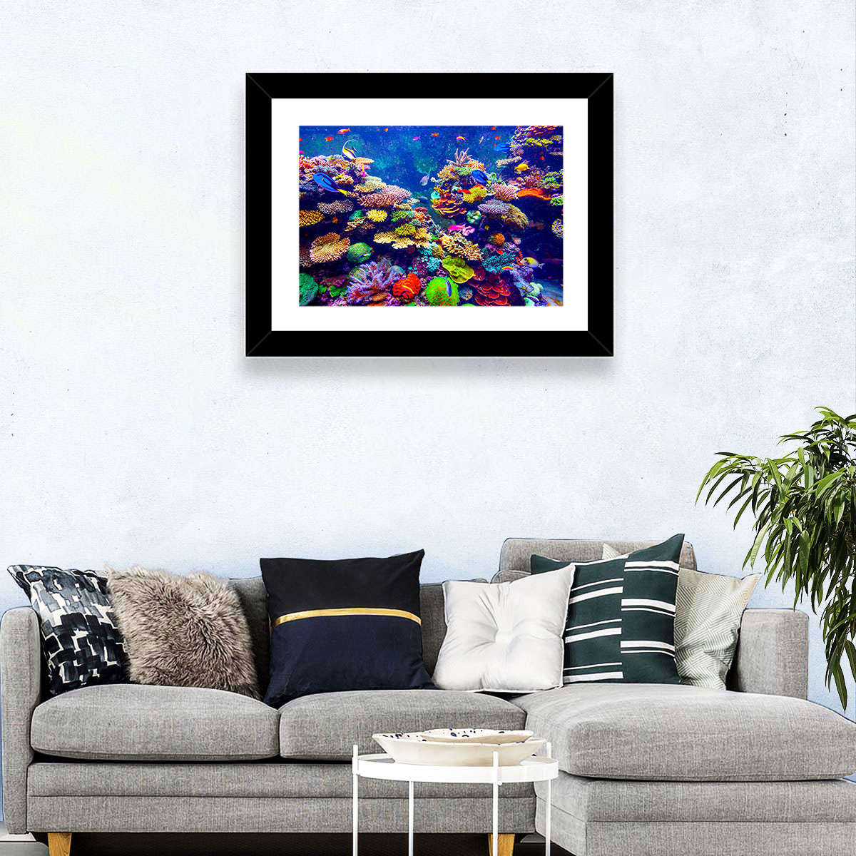 Tropical Coral Reef Aquarium Wall Art in a room, landscape