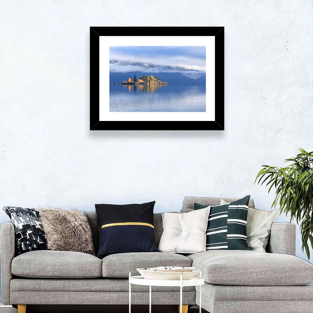Misty Wanaka Island Reflection Wall Art in a room, landscape