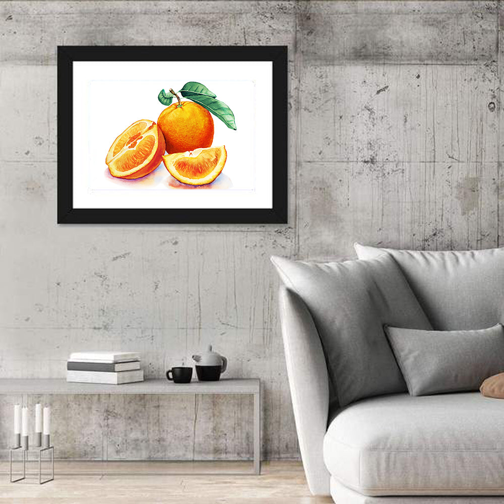 Watercolor Orange Still Life Wall Art in a room, landscape