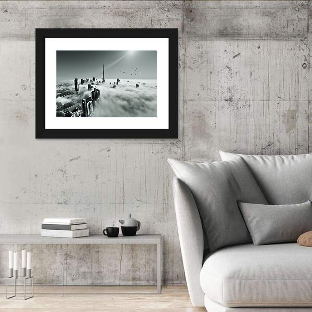 Burj Khalifa Rising Through Morning Fog Wall Art in a room, landscape