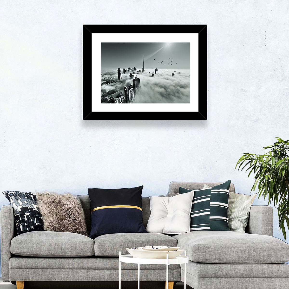Burj Khalifa Rising Through Morning Fog Wall Art in a room, landscape