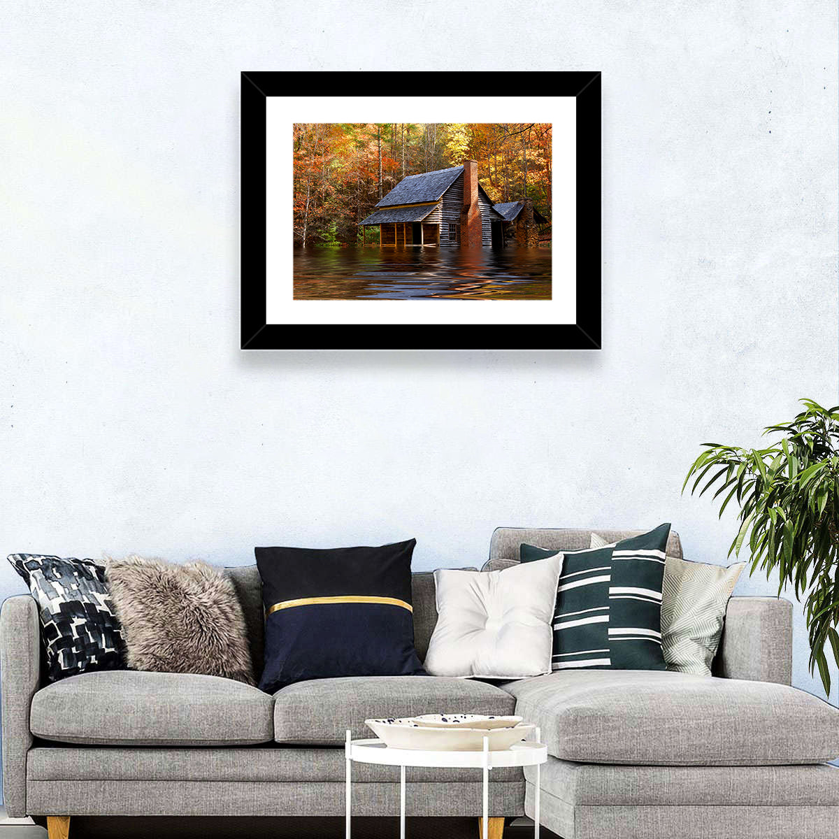 Autumn Flooded Log Cabin Wall Art in a room, landscape