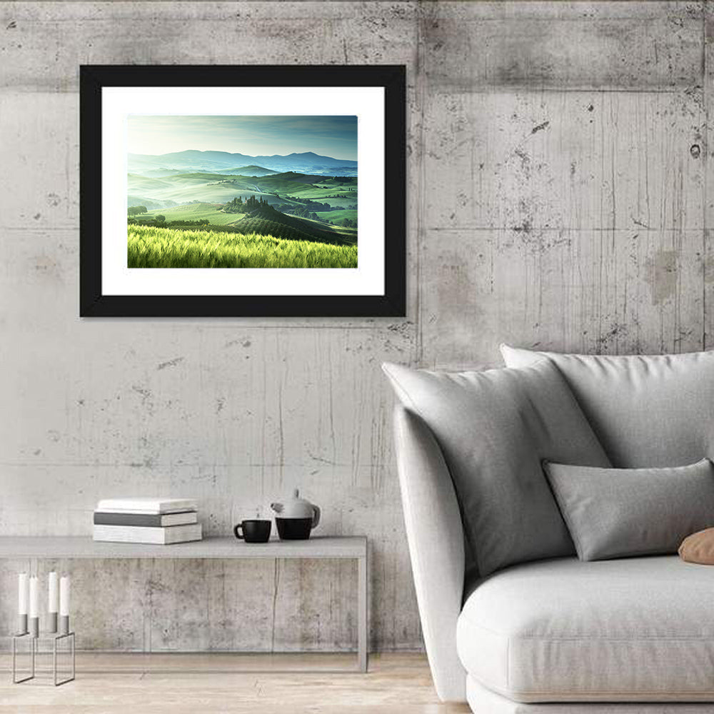 Misty Rolling Hills with Cypresses Wall Art in a room, landscape