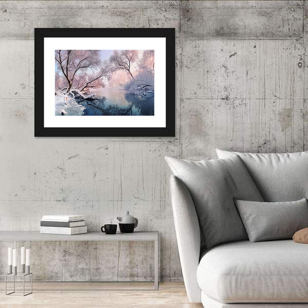 Snowy Lake Morning Mist Wall Art in a room, landscape