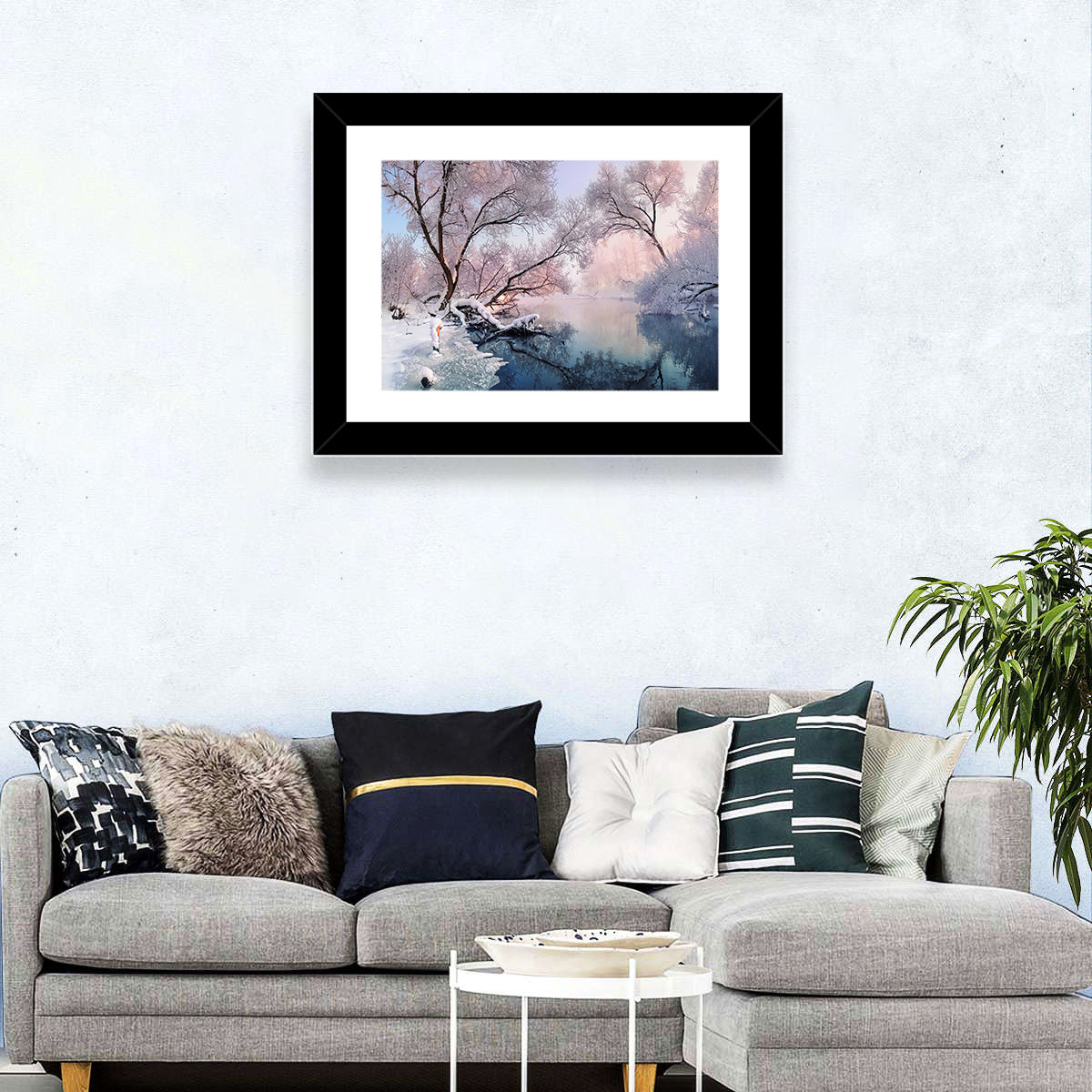 Snowy Lake Morning Mist Wall Art in a room, landscape