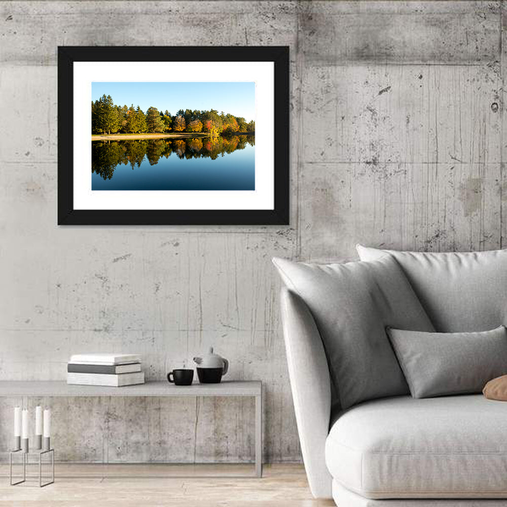 Lake Shaftsbury Autumn Reflection Wall Art in a room, landscape