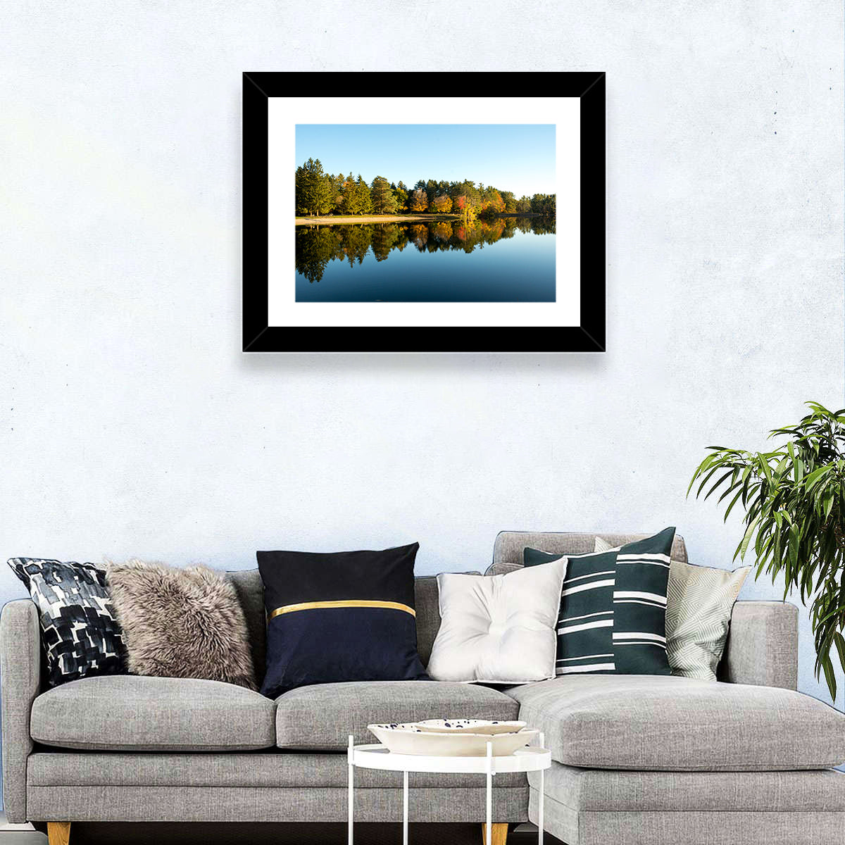 Lake Shaftsbury Autumn Reflection Wall Art in a room, landscape
