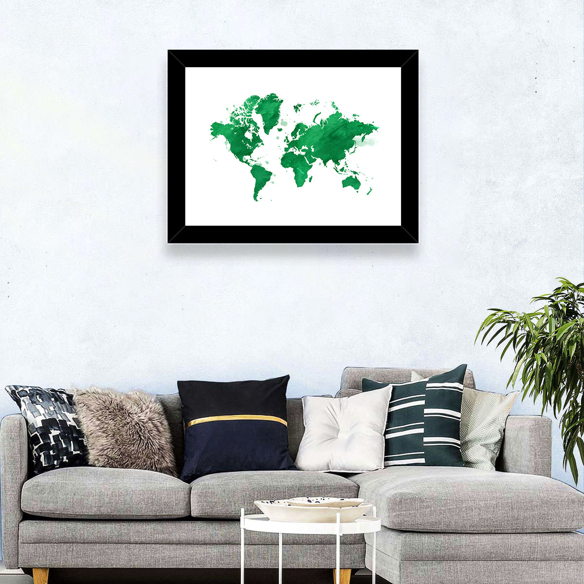 Green Watercolor World Map Wall Art in a room, landscape