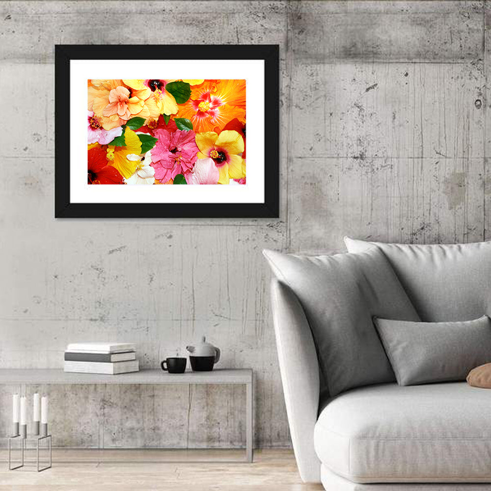Vibrant Hibiscus Close-up Wall Art in a room, landscape