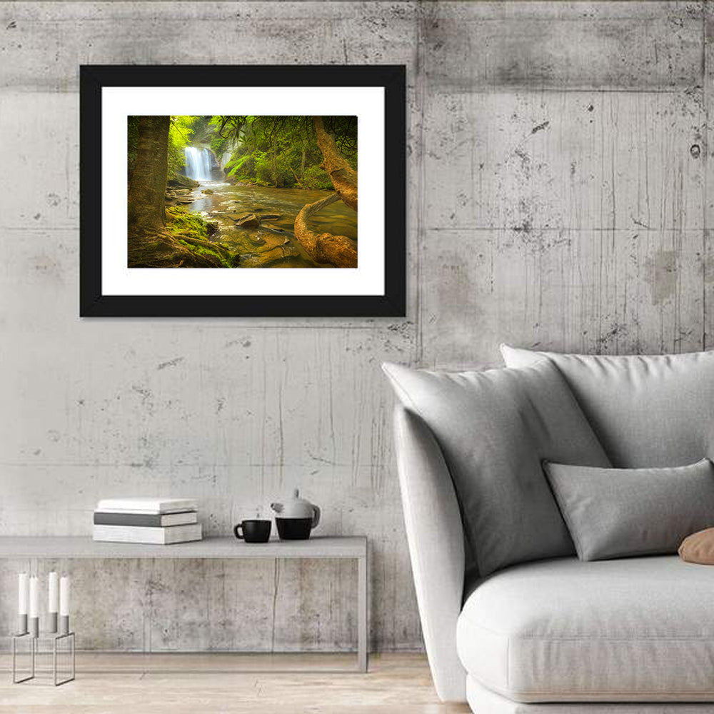 Deep Forest Waterfall Wall Art in a room, landscape