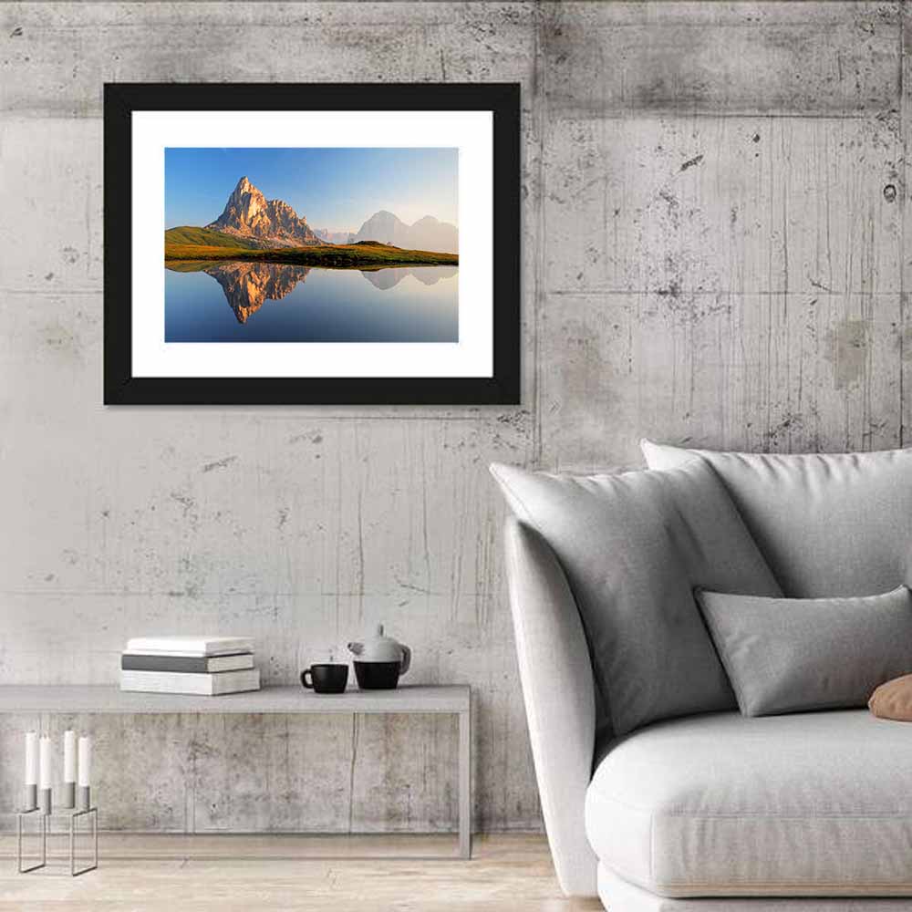 Dolomites Mountain Lake Reflection Wall Art in a room, landscape