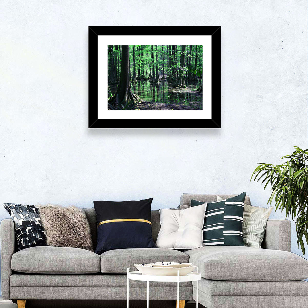 Congaree Swamp Reflection Wall Art in a room, landscape
