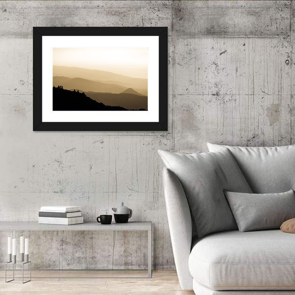 Foggy Mountain Sunset with Evergreen Silhouettes Wall Art in a room, landscape