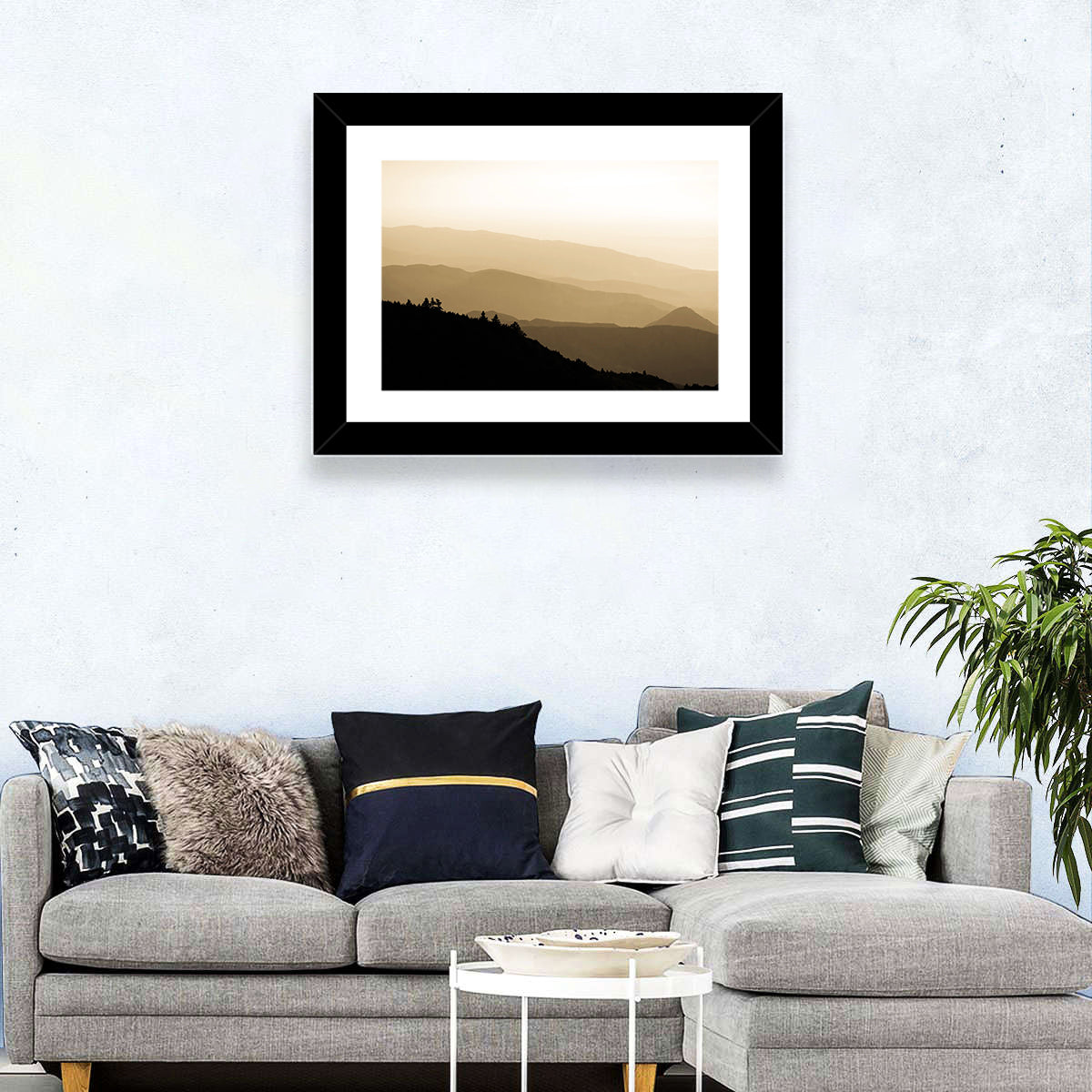 Foggy Mountain Sunset with Evergreen Silhouettes Wall Art
