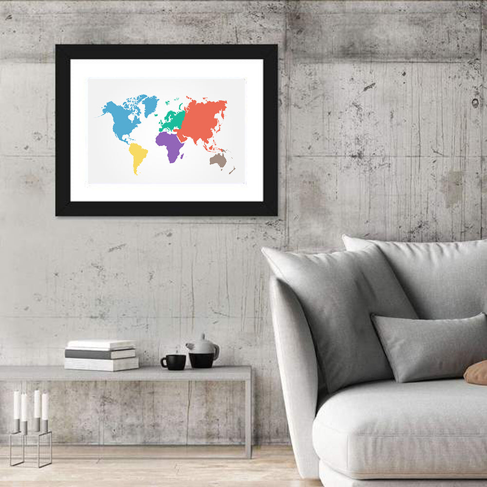 World Continents Map Wall Art in a room, landscape