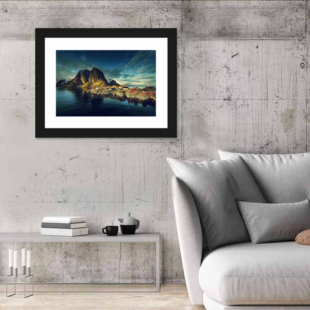 Reine Red Fishing Huts Wall Art in a room, landscape