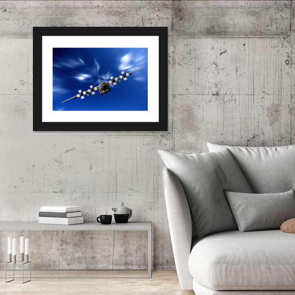 C-130 Head-on Camo Transport Wall Art in a room, landscape