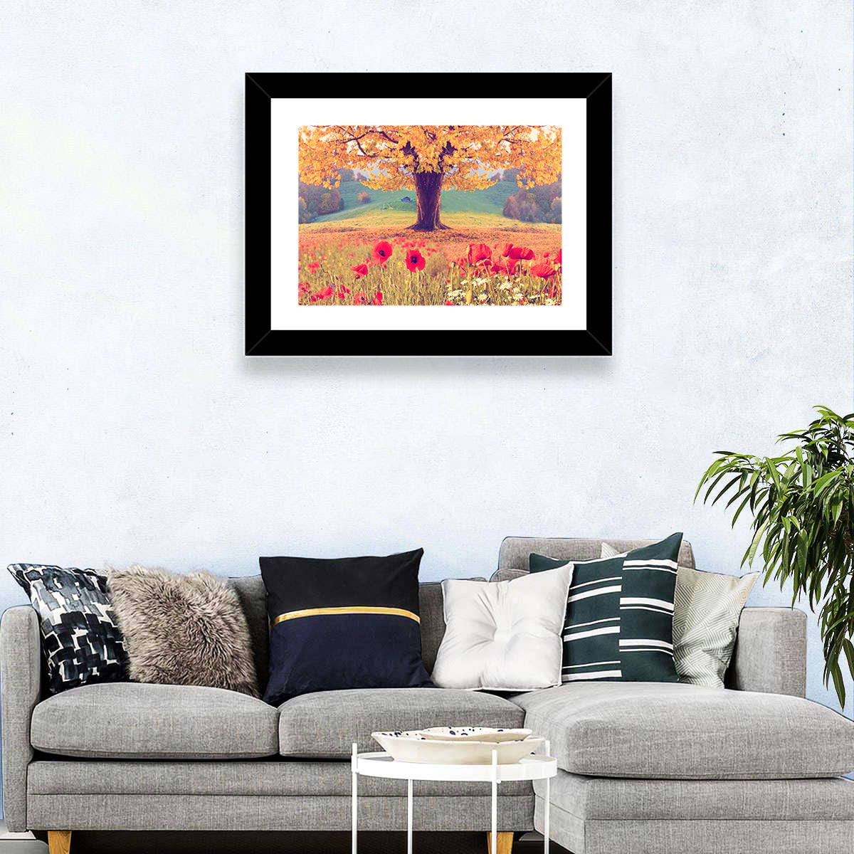 Autumn Tree and Poppy Field Wall Art in a room, landscape
