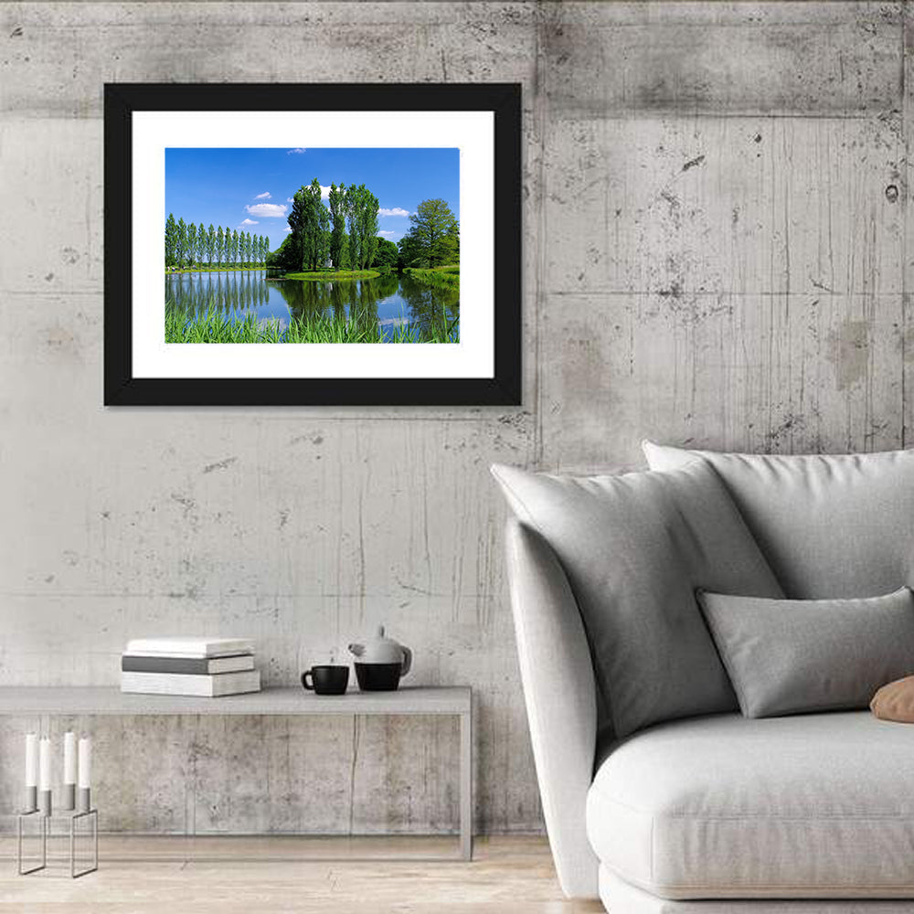 Woerlitz Rousseau Island Reflection Wall Art in a room, landscape