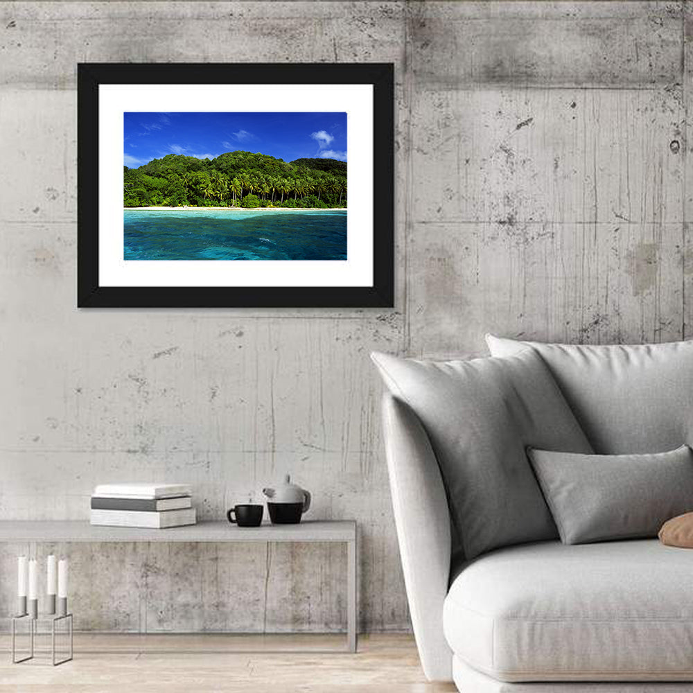 Turquoise Tropical Island Scene Wall Art in a room, landscape