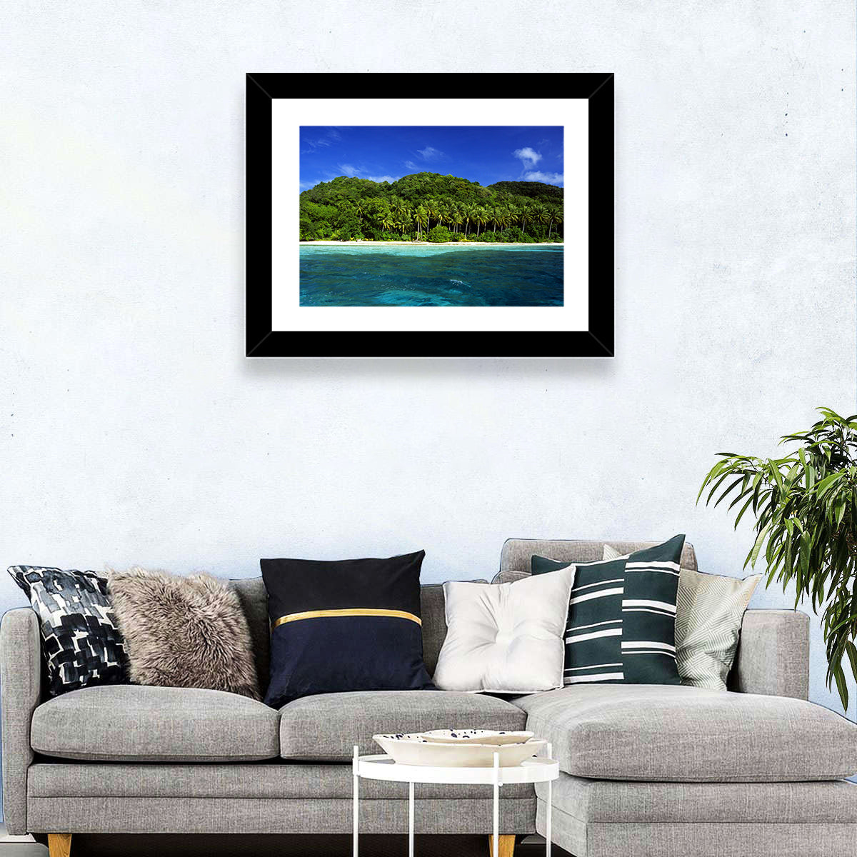 Turquoise Tropical Island Scene Wall Art in a room, landscape