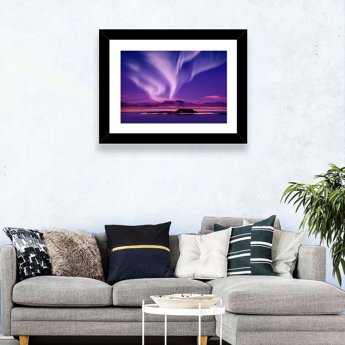 Northern Lights Over Island Wall Art in a room, landscape