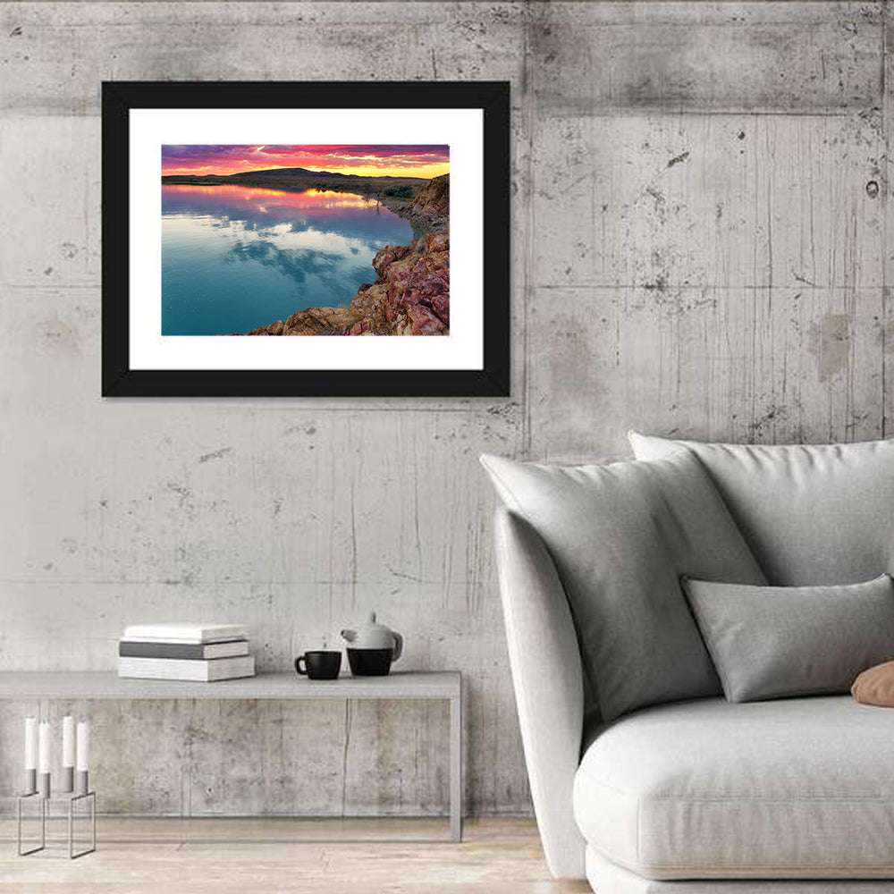 Lake Balkhash Sunset Reflection Wall Art in a room, landscape