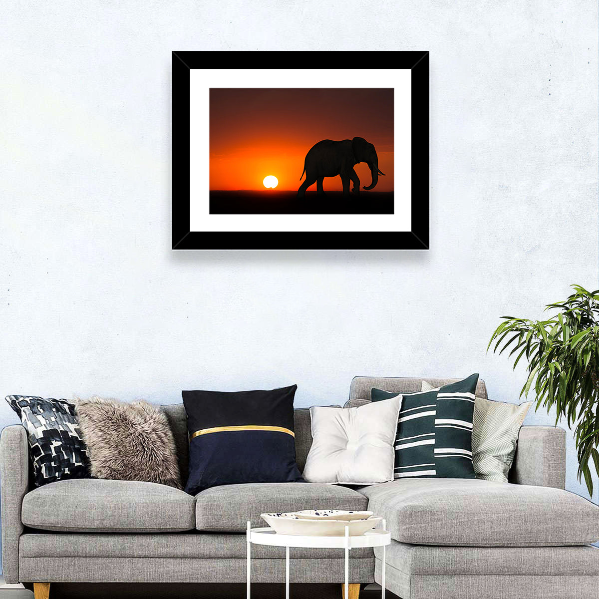 Sunset Elephant Silhouette Wall Art in a room, landscape