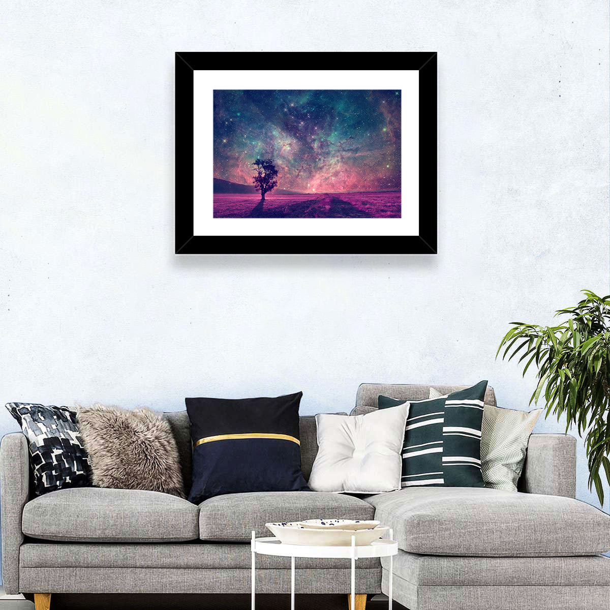 Lone Tree Under Nebula Sky Wall Art in a room, landscape