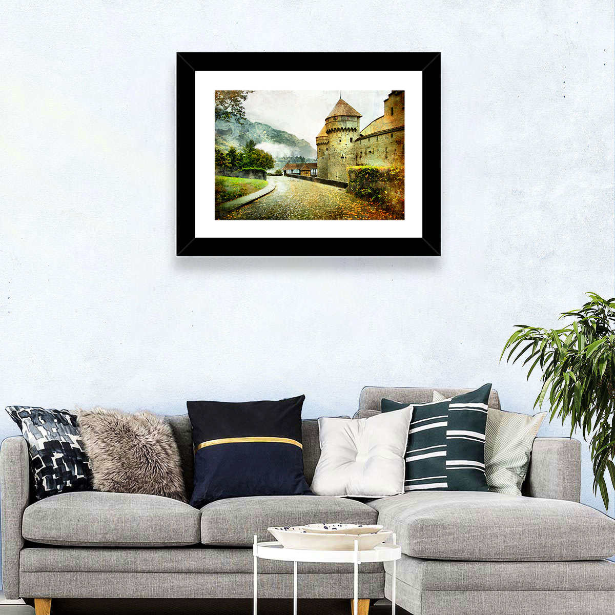 Autumn Approach to Chillon Castle Wall Art in a room, landscape