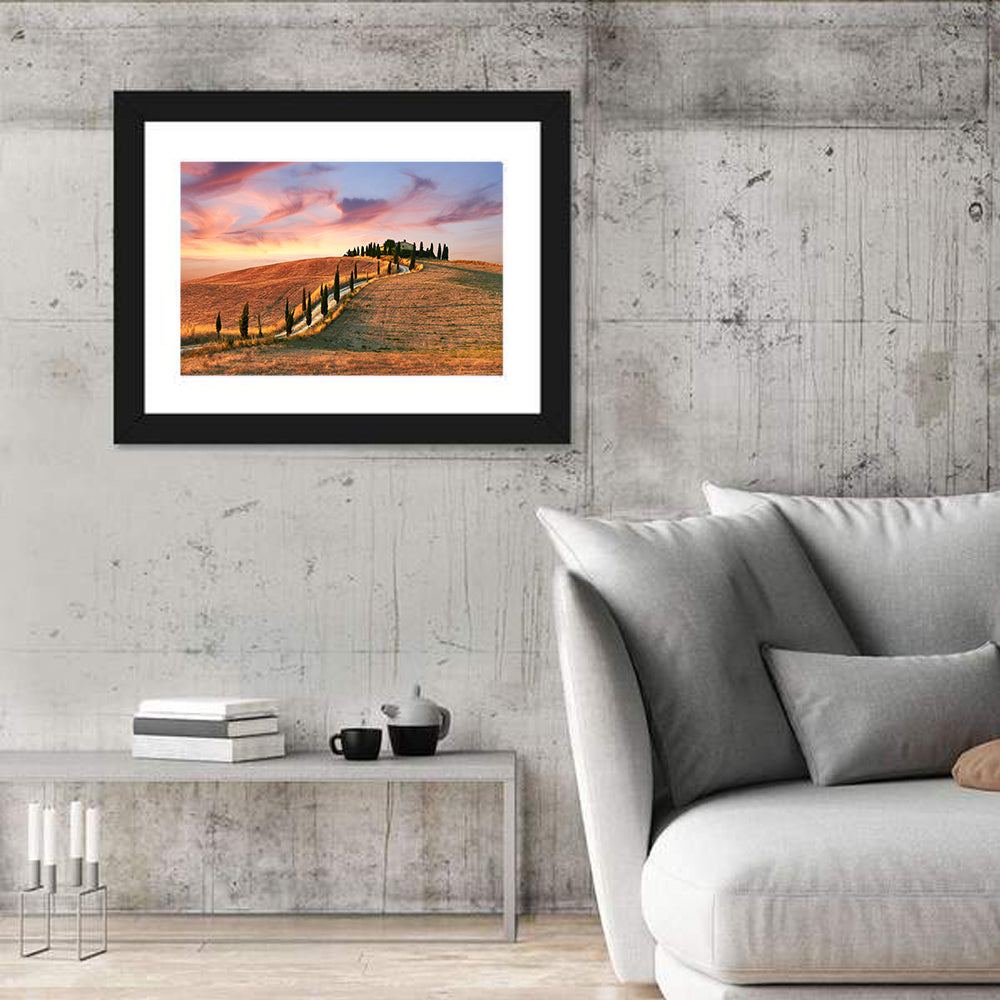 Tuscan Hilltop Road at Dusk Wall Art in a room, landscape